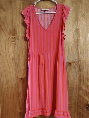 Michelle McDowell Striped Sundress Pink Orange Ruffle Hem Flutter Sleeve Size L